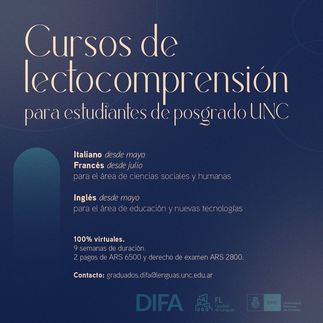 Conocé nuestra oferta de cursos de lectocomprensión en francés, inglés e italiano mediante los cuales podés certificar tu conocimiento de lengua extranjera exigido por las carreras de #posgrado de la #UNC.

Más info en lenguas.unc.edu.ar/difa_posgrado/…