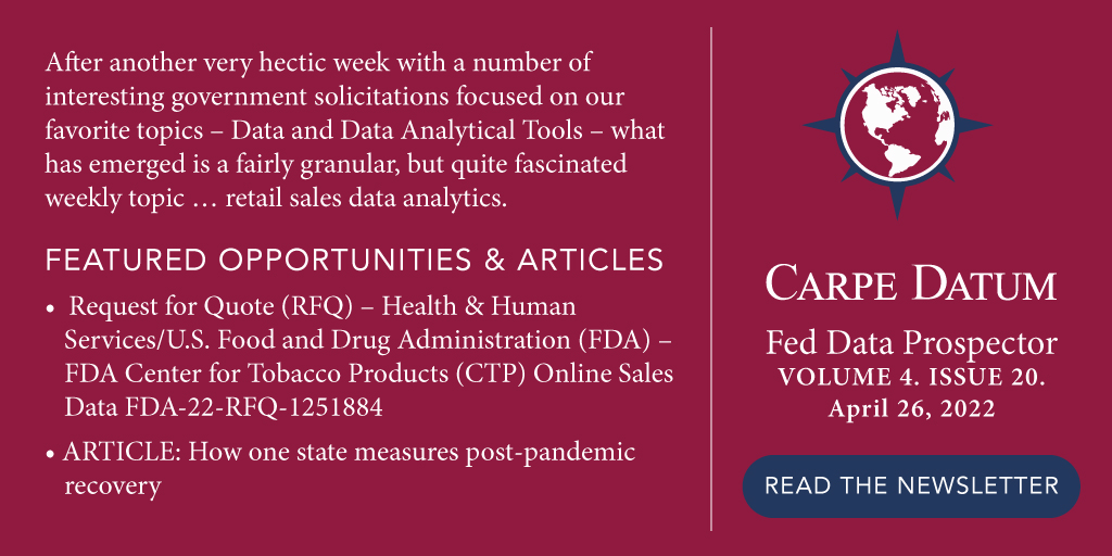 Caskin_MPC9's tweet photo. Stay up to date on the latest federal opportunities and industry news with Carpe Datum's Federal Data Prospector Weekly Newsletter. https://t.co/klbmjN5Qac #fedopps #fedbiz #govbiz #govnews #newsletter #data https://t.co/Th6uxs7Wzy