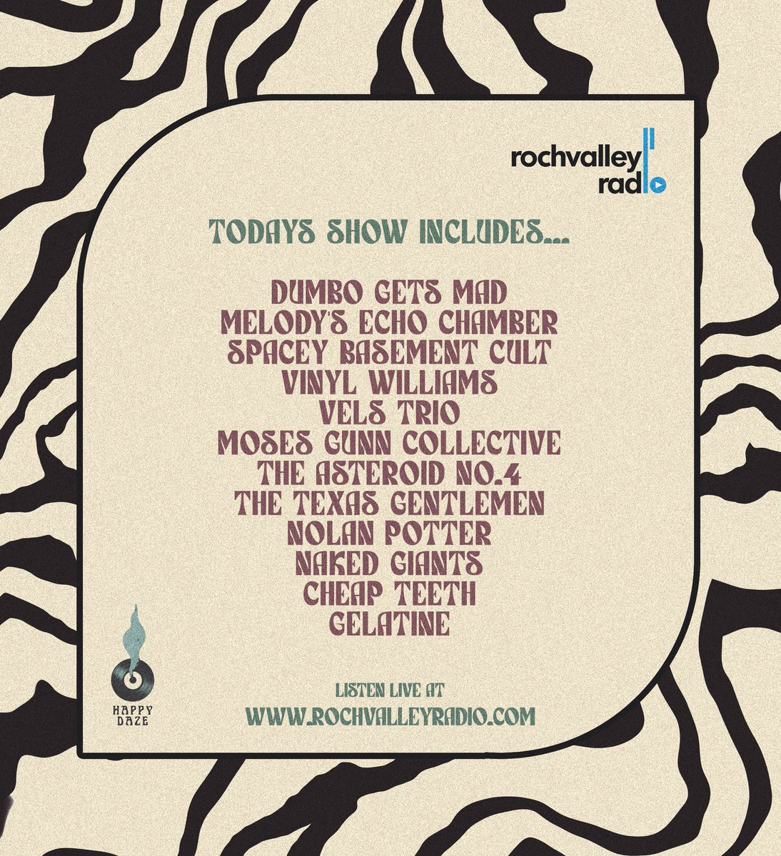 📻 Catch us on <a href="/RochValleyRadio/">Roch Valley Radio</a> tonight from 7pm with 

<a href="/DumboGetsMad/">Dumbo Gets Mad</a>, <a href="/melodyprochet/">Melody's Echo Chamber</a>, <a href="/S_B_Cult/">Spacey Basement Cult</a>, Vinyl Williams, Vels Trio, Moses Gunn Collective, <a href="/TheAsteroid4/">THE ASTEROID NO.4</a>, The Texas Gentlemen, Nolan Potter, Naked Giants, Cheap Teeth &amp; Gelatine.

Tune in &gt;&gt; rochvalleyradio.com/player/