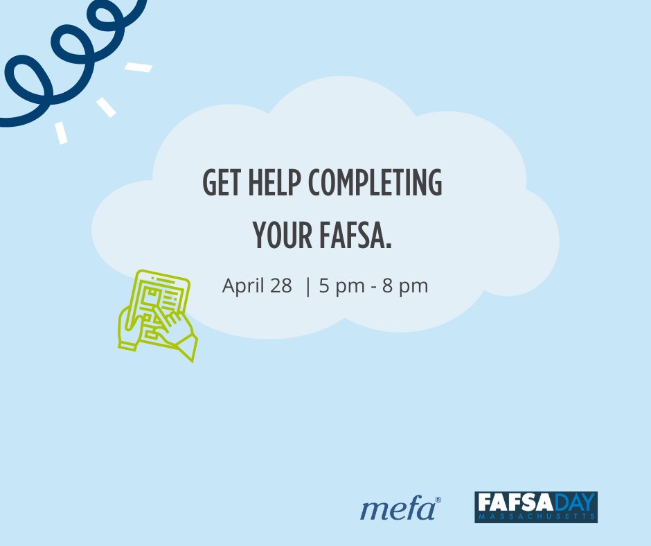 MEFAtweets's tweet photo. There is still time to file the FAFSA! Have questions? Need help? Join us on Thursday evening anytime from 5pm - 8pm for a one on one meeting with a financial aid expert. RSVP now! https://t.co/6gOt97XXSW https://t.co/dHELUbYsjd