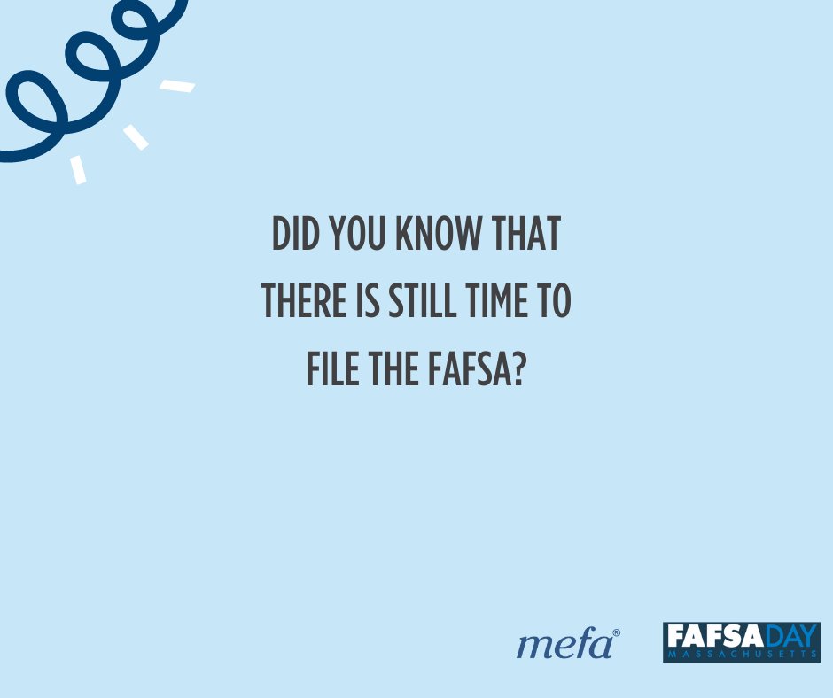 MEFAtweets's tweet photo. There is still time to file the FAFSA! Have questions? Need help? Join us on Thursday evening anytime from 5pm - 8pm for a one on one meeting with a financial aid expert. RSVP now! https://t.co/6gOt97XXSW https://t.co/dHELUbYsjd