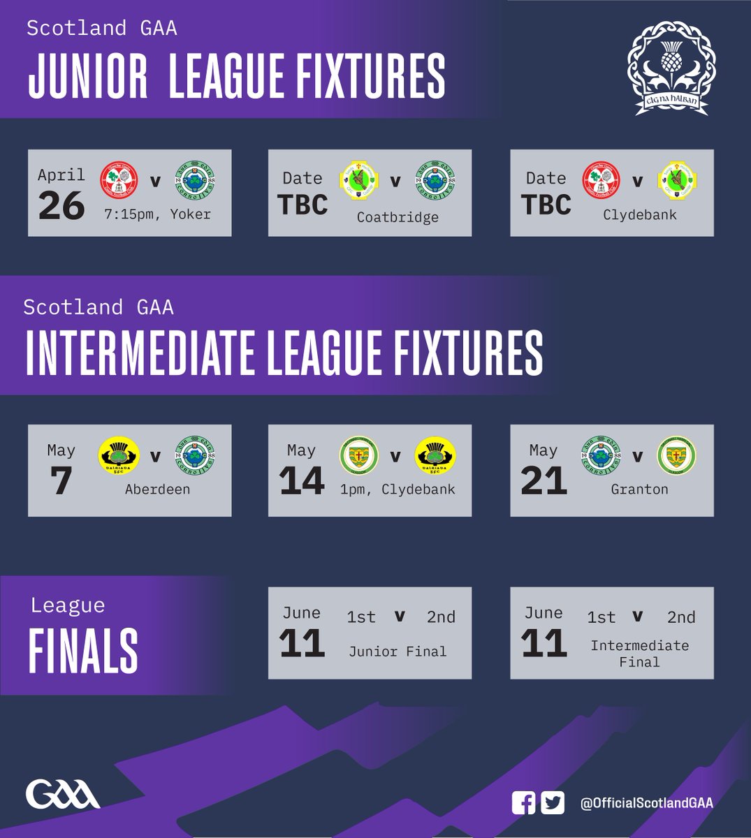 April marks the beginning of the League here in Scotland 🏴󠁧󠁢󠁳󠁣󠁴󠁿
Best of luck to all teams involved, keep an eye on our page for updates and Championship fixtures to come too 👏
<a href="/glasgowgaels/">Glasgow Gaels</a> <a href="/DunedinCGFC/">Dunedin Connollys</a> <a href="/DalriadaGFC/">Dalriada GFC</a>  <a href="/sandsmacswineys/">Sands MacSwineys GFC</a> <a href="/TirConaillHarps/">Tir Conaill Harps</a>