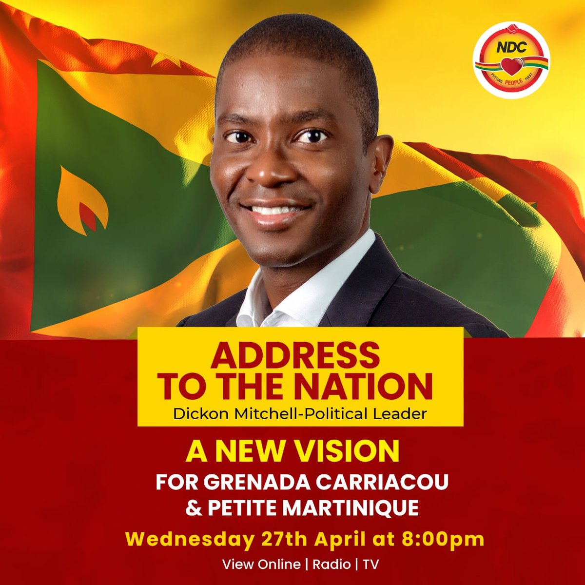 ndclive's tweet photo. Join us tomorrow at 8:00 PM for a live address from our Political Leader, Dickon Mitchell. He will articulate the party’s vision to transform our nation and MOVE GRENADA FORWARD! https://t.co/3FrM5iy3Vu