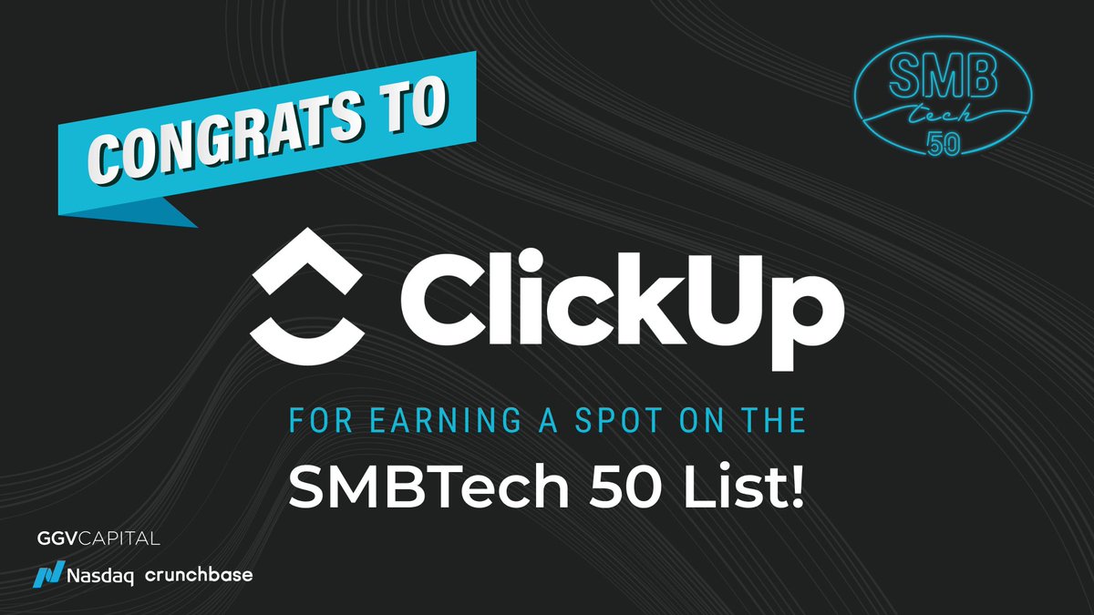 clickup's tweet image. Pop the confetti!🎉 We made @ggvcapital&apos;s inaugural #SMBTech50 list! The list recognizes the growth &amp;amp; potential of startups across the globe that serve small &amp;amp; medium-sized businesses. Honored is an understatement—thank you!💜
Full list here: smbtech50.com