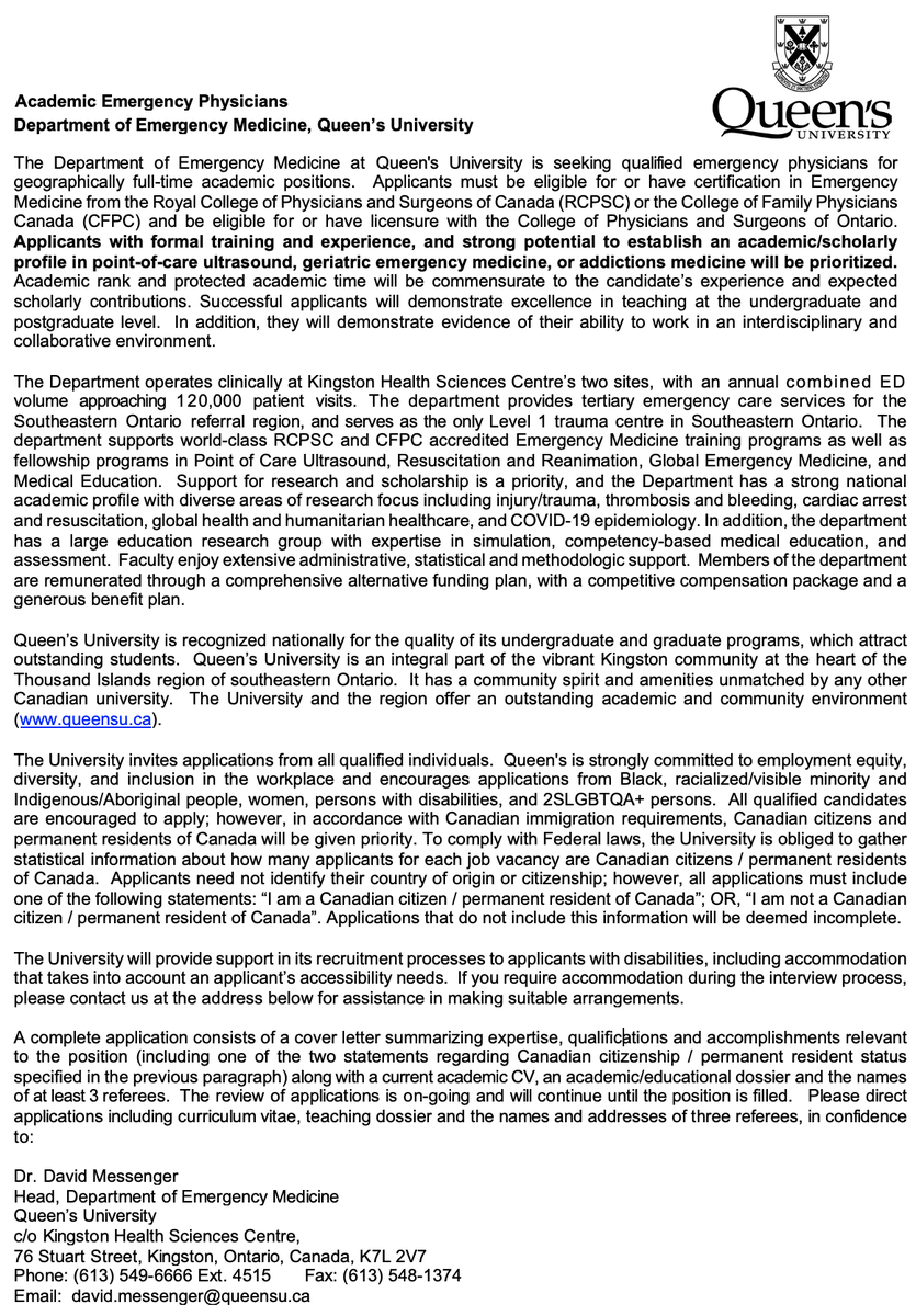 We're recruiting <a href="/Qemerg/">QueensEM</a>! Full-time academic emergency physician positions available. Opportunity for funded time for research/scholarship. The best group of colleagues you could want in a great city. Looking to grow #POCUS, #geriatricEM and #addictionsmedicine expertise. DM me!