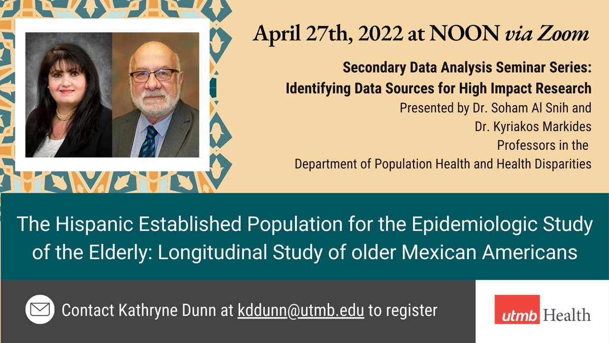 UTMB_SCOA's tweet photo. Learn about the latest in the Hispanic Established Population for the Epidemiological Study of the Elderly (Hispanic EPESE) Series on April 27, 2022 at Noon via Zoom. Email kddunn@utmb.edu to register.
#HEPESE #HispanicAging #PepperOAIC #CLDR
@UTMB_SPPH @UTMBSHPResearch https://t.co/pknzU607fW