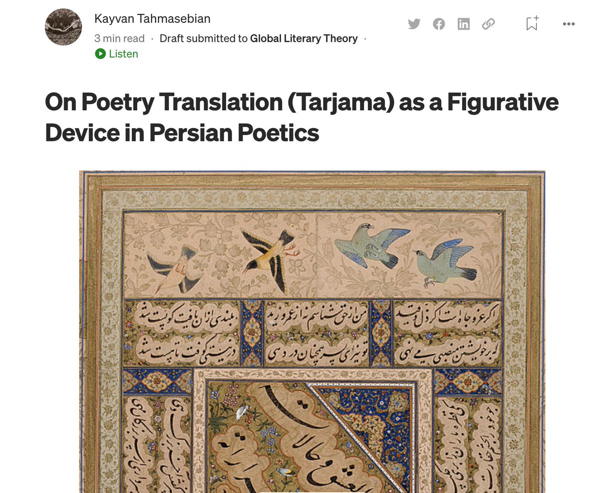 rrgould's tweet photo. Preview of @balaghas Working Paper no. 10 by @Transmodern1 to be released on 1 May. It’s about the concept of translation (tarjama) in classical and modern Persian poetics. Covers an amazing amount of ground in just 4k words. Hopefully a preview of a project to come! #GlobalLit https://t.co/zBpgUaLQZa
