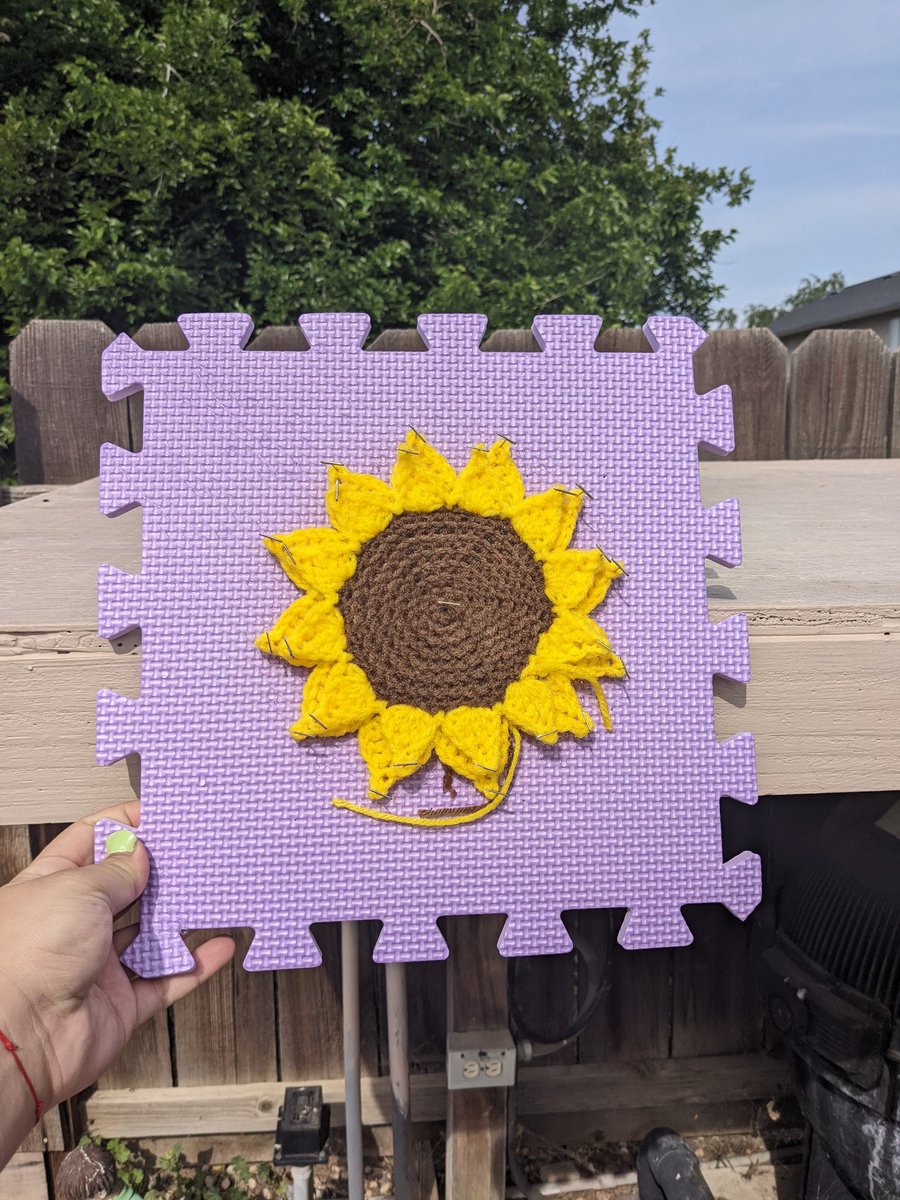 ElliettesH's tweet photo. A peek at my next blanket's theme!! Currently blocking my pieces to make them more uniform and square. Who's excited to see this one finished? 💚🌻🤎 Will be up for sale as soon as I'm done! https://t.co/s37bgPx3x1