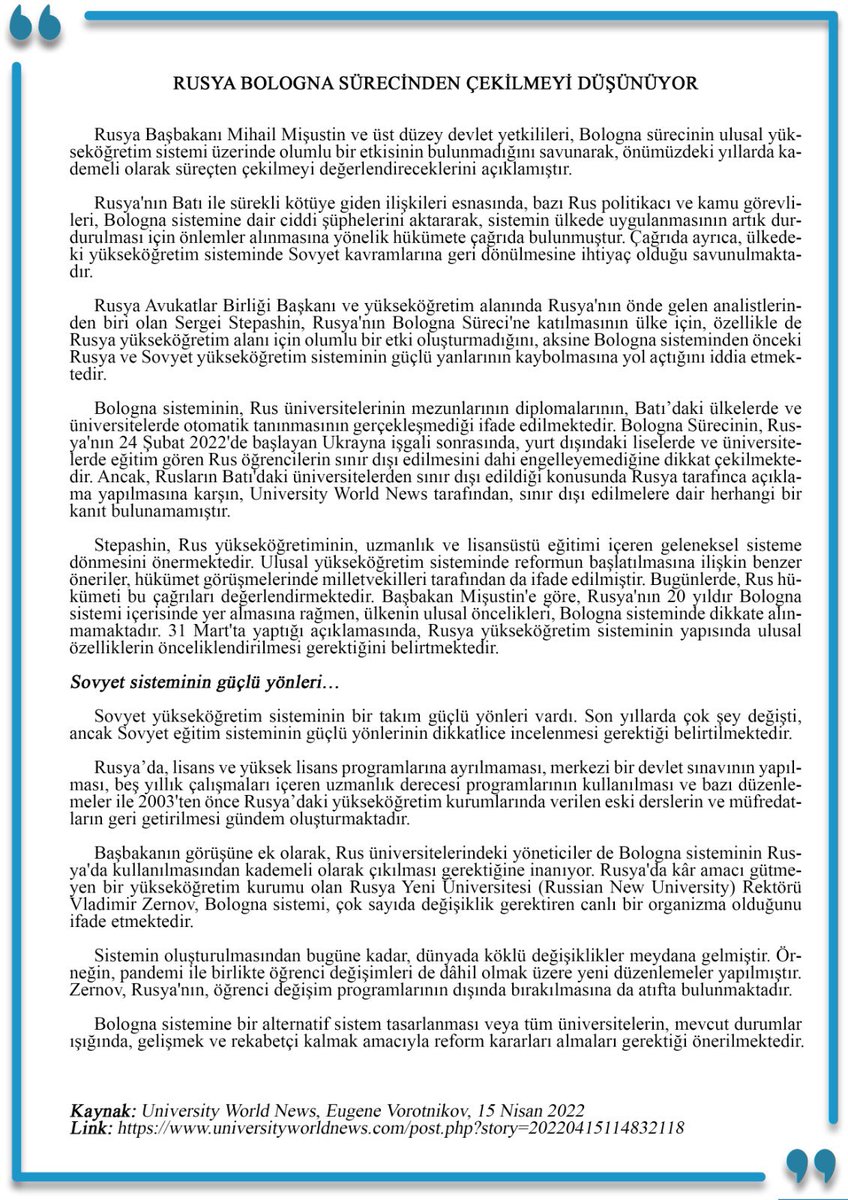 Çin’den sonra Rusya da küresel yükseköğretimden uzaklaşarak ulusal referans çerçevesi olan bir anlayışa yönelmektedir. Konuya ilişkin yazıyı ilginize sunuyorum. Bu dönemde bilgi temelli çıkarsama, projeksiyon ve güçlü öngörülerde bulunmanın önemli olacağını düşünüyorum.