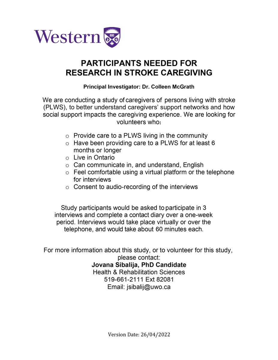 We're looking for stroke #caregivers living in Ontario to participate in our research study! Help us learn more about caregiving and social support! #caregiving #Ontario