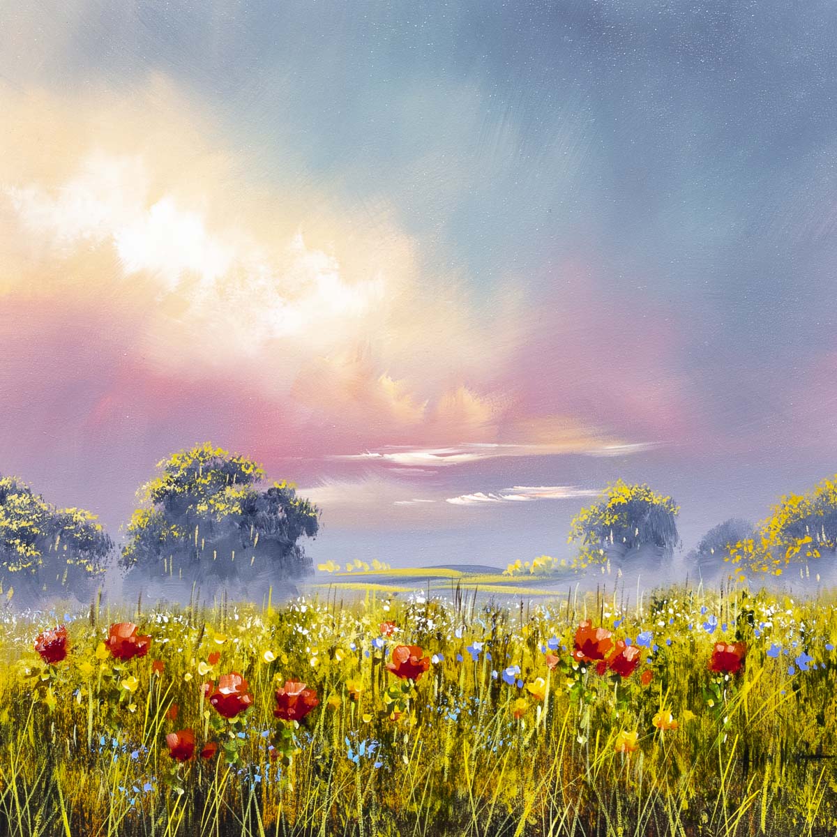 Drawing inspiration from the surrounding countryside in Herefordshire and utilising textured brush strokes, Allan Morgan illuminates the landscape in this radiant original ‘When the Storm Subsides’.