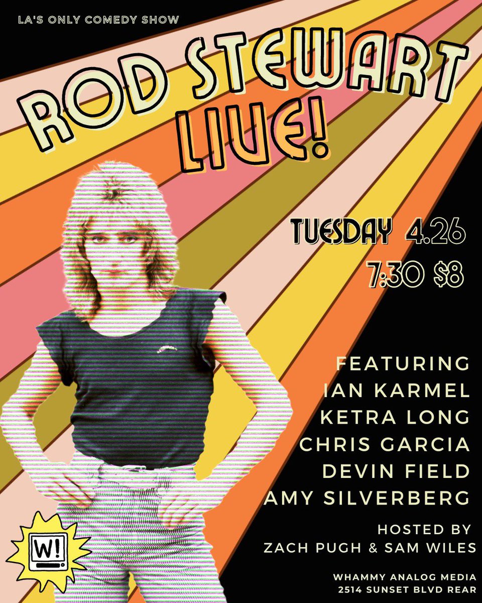 Rod Stewart Live! (@rodstewartlive) on Twitter photo Tonight at <a href="/whammycorp/">WHAMMY!</a> it’s the return of LA’s only comedy show! Featuring:
<a href="/IanKarmel/">ian karmel</a>
<a href="/OfficiallyKetra/">Ketra Long</a>
<a href="/_chrisgarcia/">Chris Garcia</a>
<a href="/thatdevinfield/">Devin Field</a>
<a href="/AmySilverberg/">Amy Silverberg</a>
Hosted by <a href="/ZachPugh/">Zach Pugh</a> & <a href="/VoteSamWiles/">Sam Wiles</a>
Get tix here: bit.ly/3xUShek Tonight at <a href="/whammycorp/">WHAMMY!</a> it’s the return of LA’s only comedy show! Featuring:
<a href="/IanKarmel/">ian karmel</a>
<a href="/OfficiallyKetra/">Ketra Long</a>
<a href="/_chrisgarcia/">Chris Garcia</a>
<a href="/thatdevinfield/">Devin Field</a>
<a href="/AmySilverberg/">Amy Silverberg</a>
Hosted by <a href="/ZachPugh/">Zach Pugh</a> & <a href="/VoteSamWiles/">Sam Wiles</a>
Get tix here: bit.ly/3xUShek