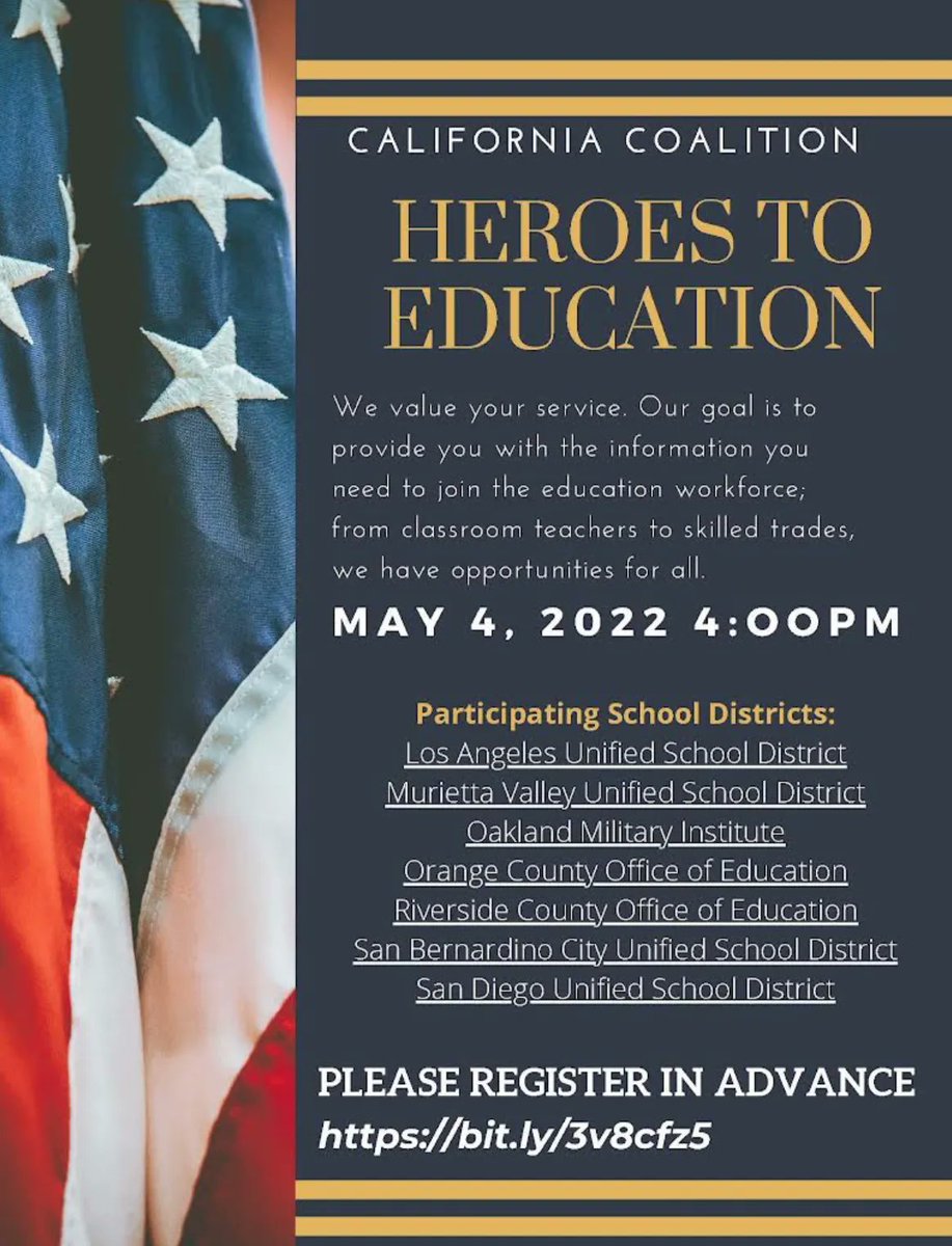 BFCloset's tweet photo. Heroes in Education is hosting a resource webinar for Veterans, CA National Guard, Reservists, those  leaving the service within 6 months and the spouses of active duty personnel who might be interested in ANY JOB in public education. #gethired #hiring #Veteran #workforce https://t.co/FqInjf6a8r