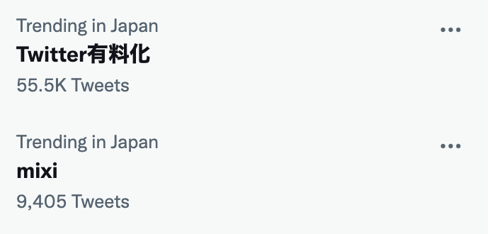 UnseenJapanSite's tweet photo. "Twitter有料化" (Twitter becoming a paid service) trends as JPN Twitter users worry about potential changes from the Musk takeover; long-faded JPN social media platform mixi is trending in tandem - like how a return migration to tumblr is being discussed in ENG, even ironically. https://t.co/xK2ah1eG4e
