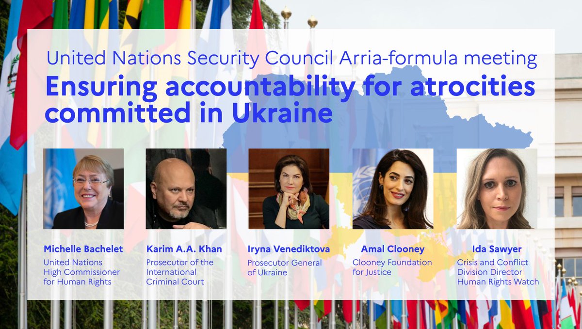 franceonu's tweet photo. Tomorrow 🇦🇱 &amp; 🇫🇷 bring together key actors calling for #accountability for atrocities committed in #Ukraine:

➡️OHCHR @mbachelet
➡️ICC Prosecutor @KarimKhanQC
➡️🇺🇦 Prosecutor @VenediktovaIV
➡️CSO representative Amal Clooney
➡️HRW Crisis &amp; Conflict Division Director @ida_sawyer https://t.co/QIZVwsGEo4