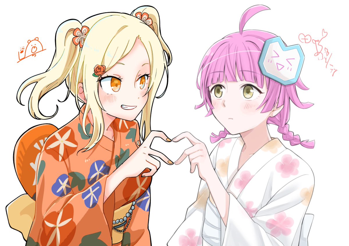 tennouji rina multiple girls 2girls kimono japanese clothes blonde hair blunt ends pink hair  illustration images