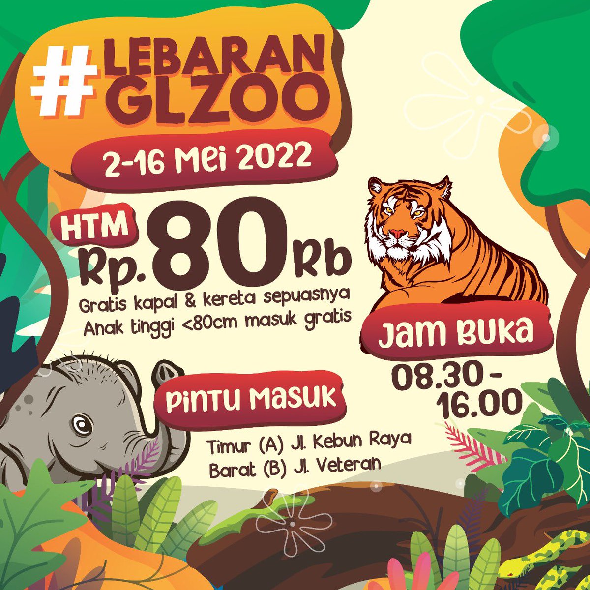 gembiraloka_zoo's tweet photo. #LebaranGLZoo
——
BUKA SETIAP HARI
Periode Lebaran: 2-16 Mei 2022
——
HTM: Rp 80.000
Jam: 08.30-16.00WIB
(khusus tgl 2 Mei buka pkl 09.00)
——
PINTU MASUK:
• Timur (A) Jl. Kebun Raya
• Barat (B) Jl. Veteran
——
#LebaranGLZoo #dolannyamanglzoo #GLZoo #gembiralokazoo #yogyakarta https://t.co/9nV0ndzQcy