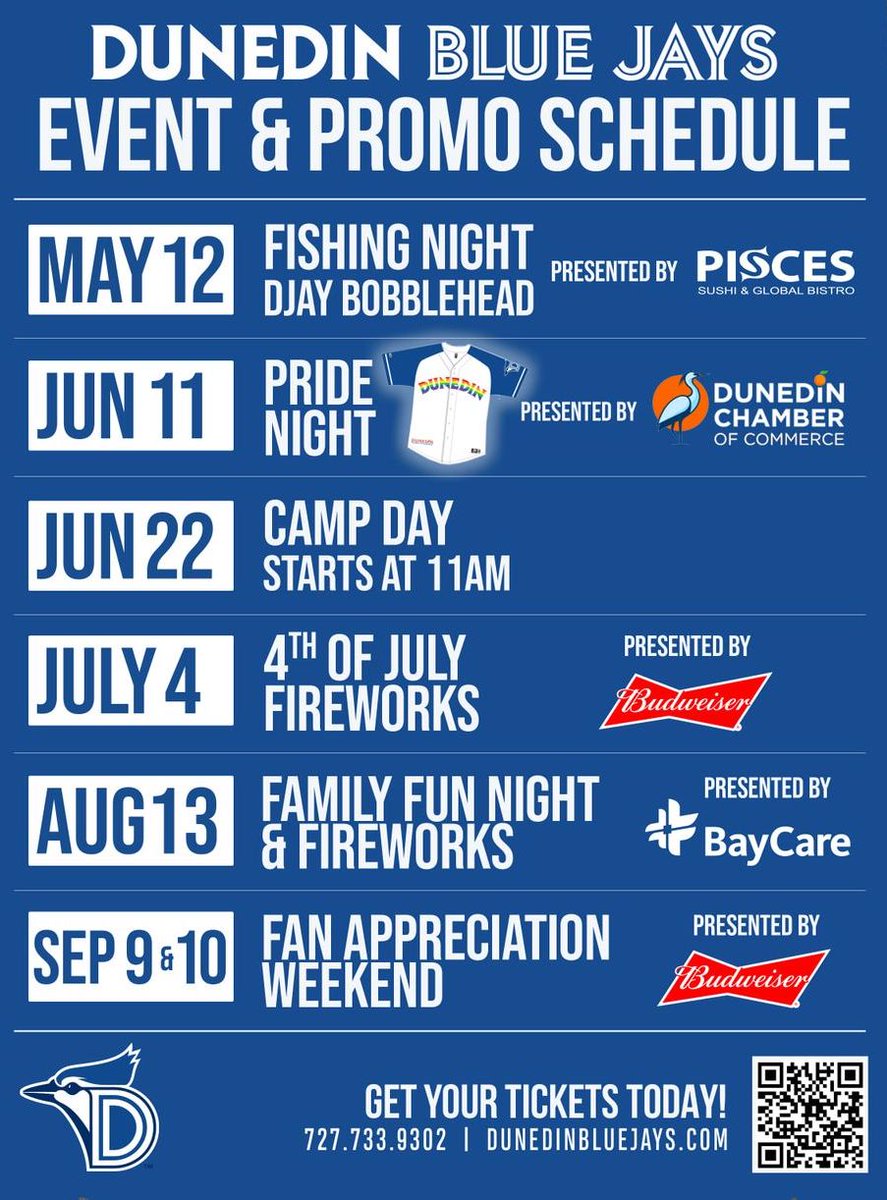 directfrDunedin's tweet photo. Save the dates for these Blue Jays Events &amp; Promotions.
#bluejays #dunedinstadium #dunedinevents https://t.co/R1FRC8qxhU