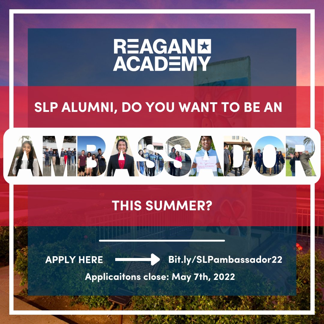 RonaldReaganEDU's tweet photo. Hey #ReaganSLP Alumni! Come join us this summer as ambassadors. You will get to work on personal goals, learn how to professionally communicate and operate within multiple levels of management, and co-lead lessons. Applications close soon. Apply by 5/07 ⮕ https://t.co/jra77Ds0fQ https://t.co/sUcFqRQunW