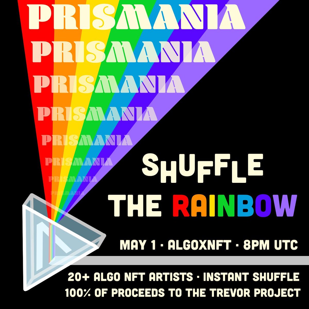 algotters's tweet photo. It's official, AlgOtters will be taking part in #Prismania! Swim over to @ALGOxNFT on May 1st 8PM UTC (1PM PST) to enter the 40A instant shuffle! 

100% of proceeds will go to @TrevorProject to help provide crisis support for LGBTQ+ youth. 💜💜💜 https://t.co/4aXxwLNSc7