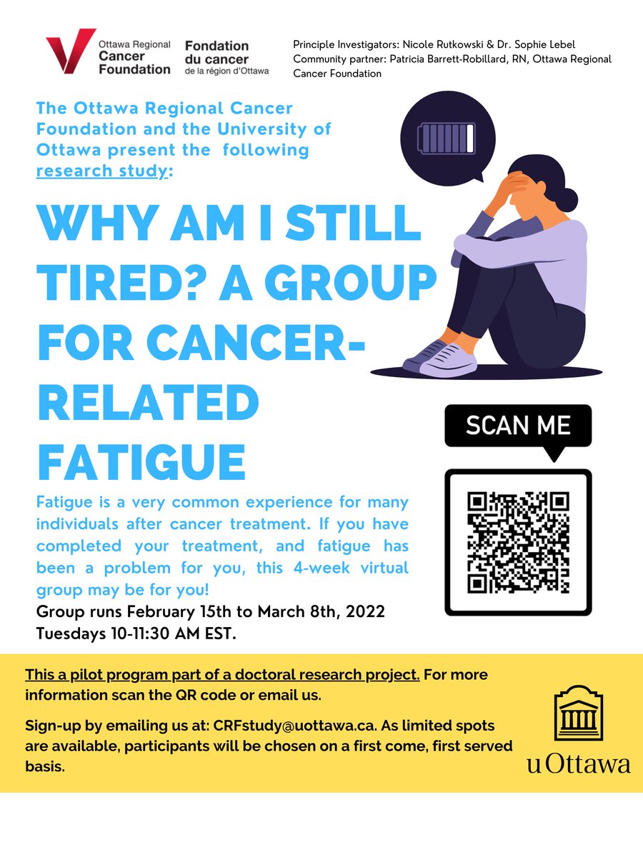 Now accepting participants from all over Ontario for our #Cancer #Fatigue 4-week online study. Learn about #CBT and #Exercice with cancer coach <a href="/PBarRobill/">PatriciaBR</a>. Starts May 24, 10-11:30am. Email crfstudy@uottawa.ca
