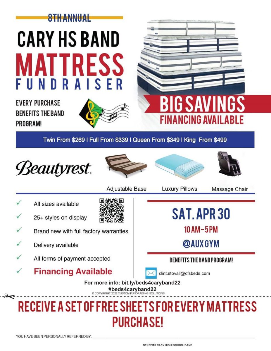Need a new mattress? Come on out and support your Cary High School Marching Band this Saturday from 10-5 in the Cary HS Aux Gym