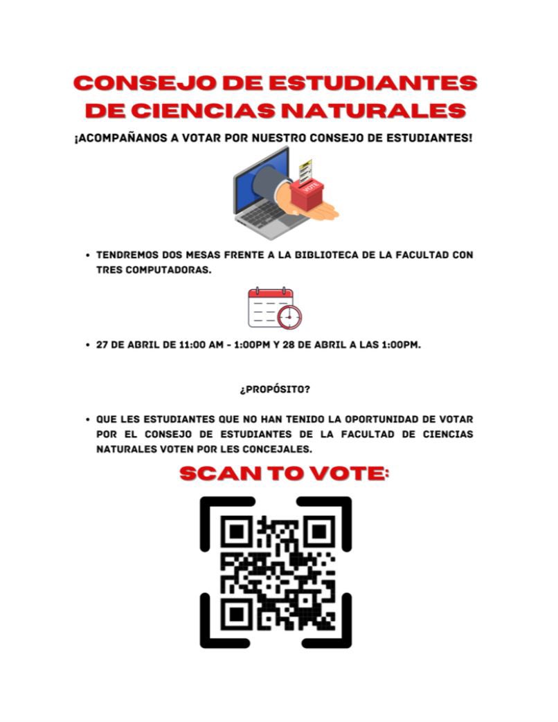 CECN_UPRRP's tweet photo. ¡Saludos! Durante el 27 y 28 de abril el CECN estará ubidado frente a la biblioteca de la facultad, donde tendrán disponible computadoras para darle la oportunidad a les estudiantes que no han podido votar por el consejo del semestre entrante, que lo hagan. ¡Date la vuelta! https://t.co/dCXzLUc3SB