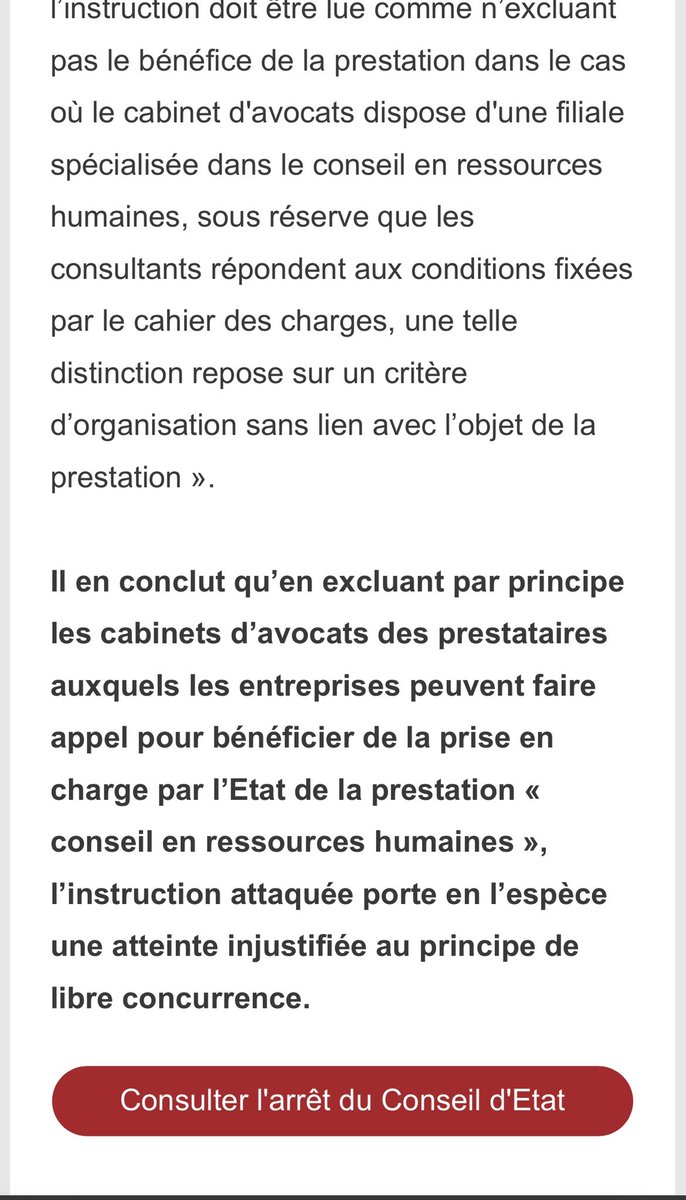 🔴Le CNB obtient gain de cause devant le <a href="/Conseil_Etat/">Conseil d'État</a> face à <a href="/Travail_Gouv/">Ministère du Travail et de l'Emploi</a> sur les prestations de "conseil en ressources humaines" aux TPE/PME: en excluant les cabinets d’avocats le ministère porte une atteinte injustifiée au principe de libre concurrence loom.ly/UtImQGA