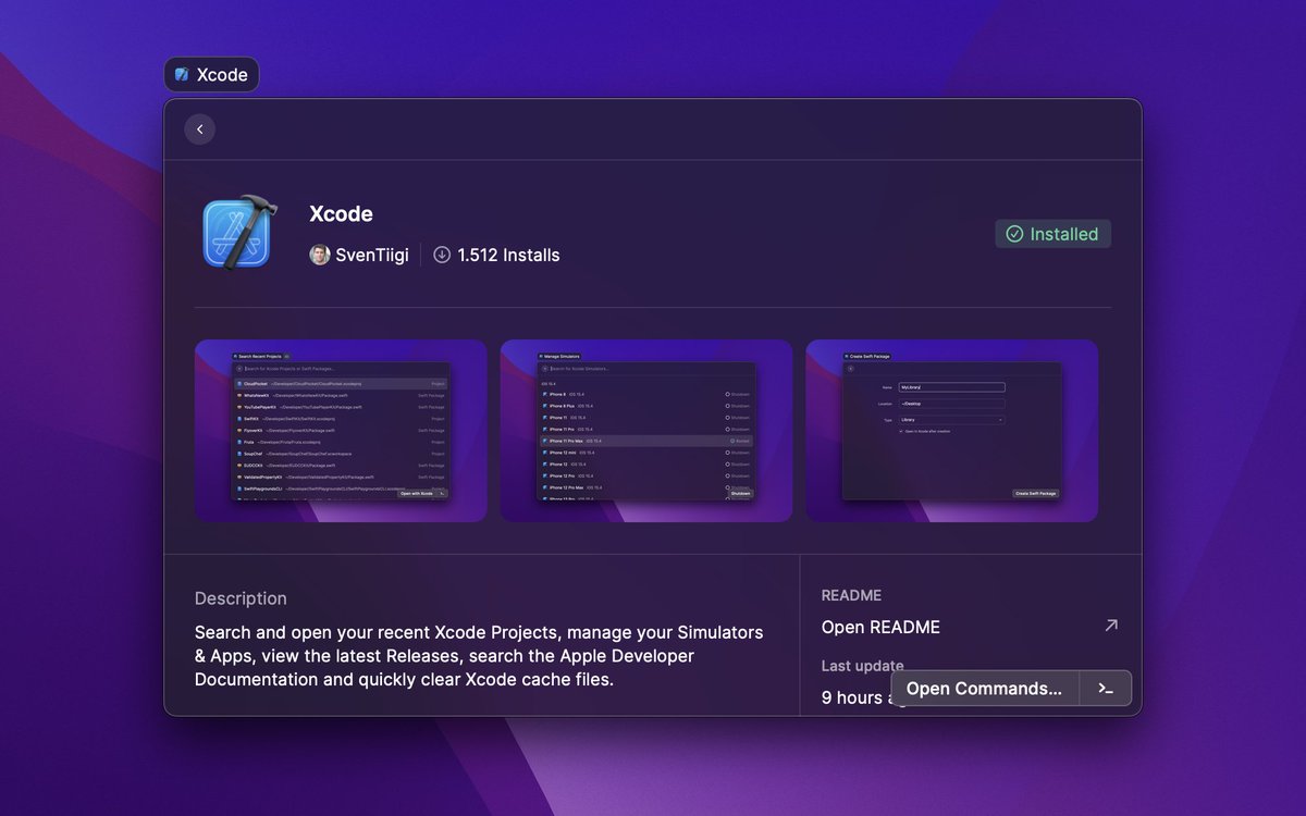 Xcode extension for <a href="/raycastapp/">Raycast</a> currently counts more than 1.5k installs 🥳 and now includes some nice screenshots to take a quick look at the available commands, such as easily searching your most recent Xcode projects.

raycast.com/SvenTiigi/xcode