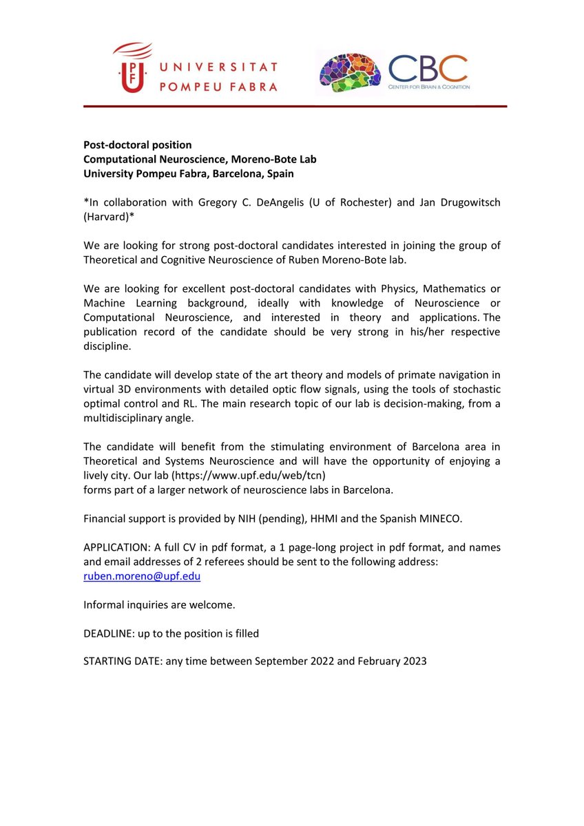 Rubรฉn Moreno-Bote (@morenobote) on Twitter photo Post-doc position in Comp Neuro to study the neuronal basis of primate navigation, based in Barcelona
In collaboration with Gregory C. DeAngelis and <a href="/jdrugowitsch/">Jan Drugowitsch</a>
See application details below. Please, spread the word. Post-doc position in Comp Neuro to study the neuronal basis of primate navigation, based in Barcelona
In collaboration with Gregory C. DeAngelis and <a href="/jdrugowitsch/">Jan Drugowitsch</a>
See application details below. Please, spread the word.
