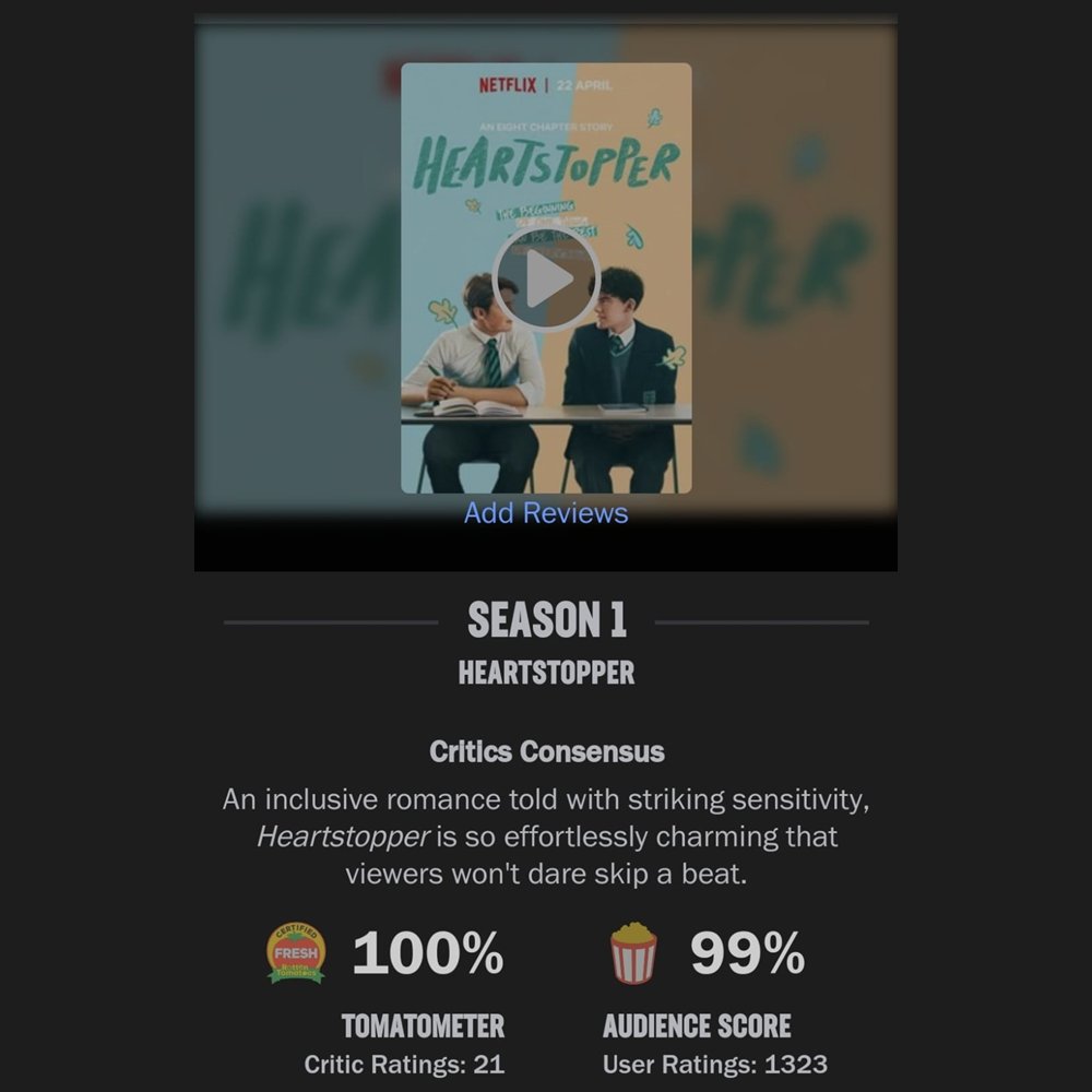 sboficial's tweet photo. ACLAMADA! “Heartstopper” se tornou uma das séries mais bem avaliadas da história da Netflix no Rotten Tomatoes, com uma nota perfeita de 100% da crítica. https://t.co/FGnko9L2OS