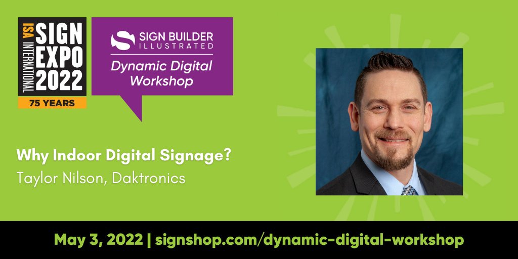 SBIMag's tweet photo. At our Dynamic Digital preconference workshop at @isasignexpo, Taylor Nilson from @Daktronics will explain why you can't overlook the indoor digital sign market. Register now! https://t.co/8LasyIXMVl https://t.co/IdYuk6nFYE
