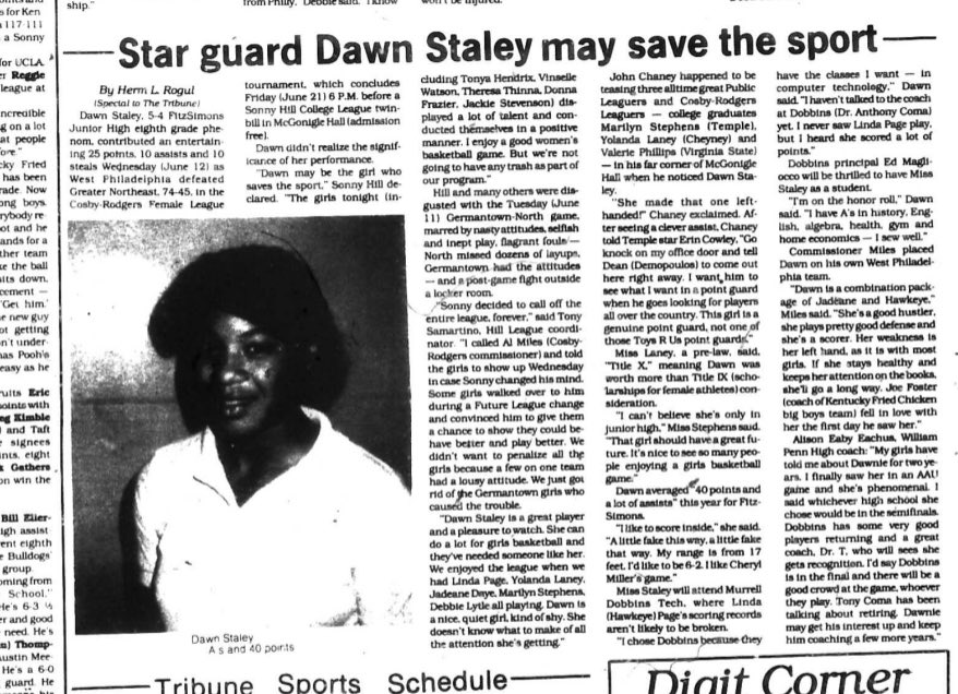 profloumoore (@loumoore12) on Twitter photo 1985. 8th grade <a href="/dawnstaley/">dawnstaley</a> with 25 points, 10 assists, 10 steals. Average 40 a game.
They called her “Title IX” because she was that important to the game.
“This girl is genuine point guard.” John Chaney
“The girl should have a great future.”
She lived up to the hype. 1985. 8th grade <a href="/dawnstaley/">dawnstaley</a> with 25 points, 10 assists, 10 steals. Average 40 a game.
They called her “Title IX” because she was that important to the game.
“This girl is genuine point guard.” John Chaney
“The girl should have a great future.”
She lived up to the hype.