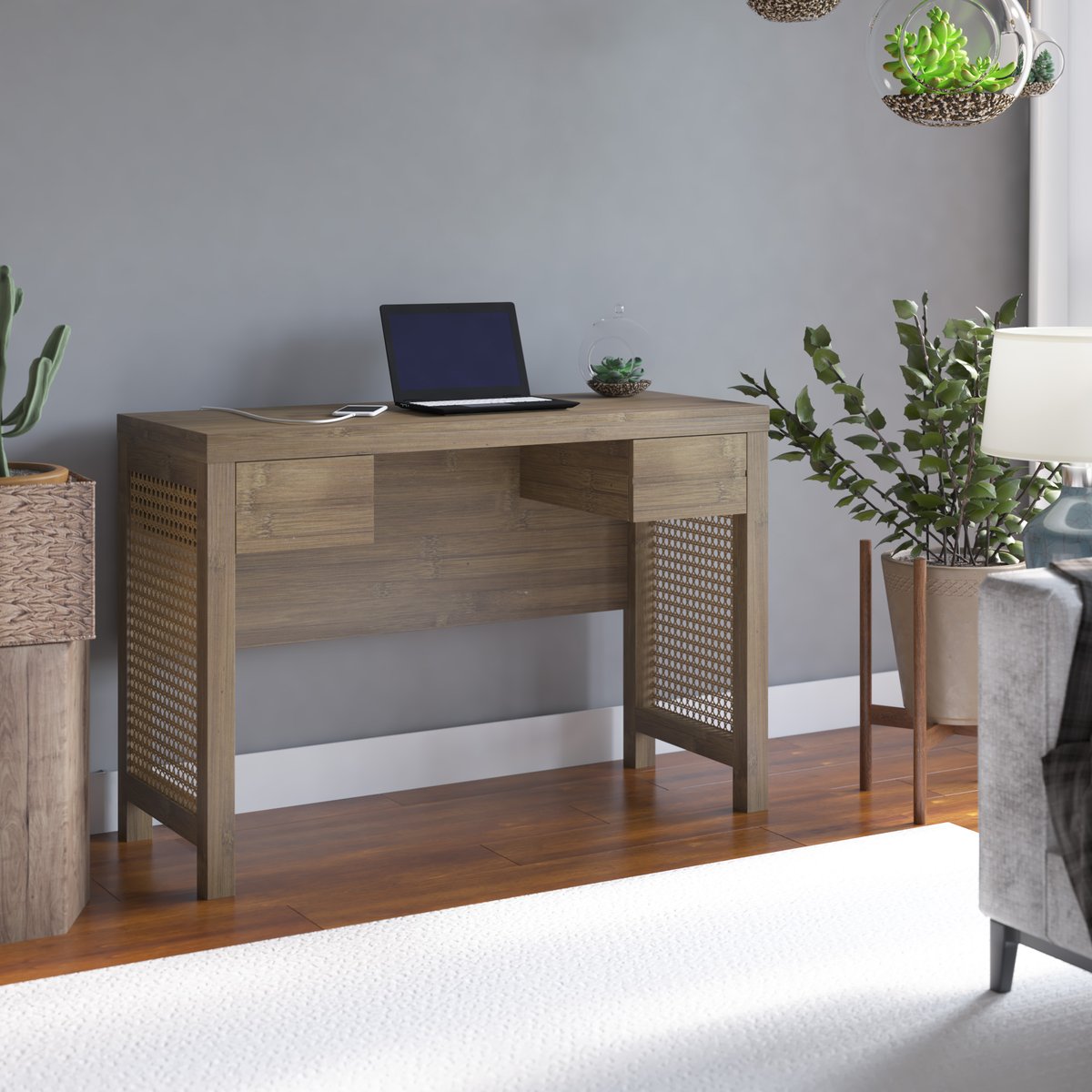 Charming, meet charging. 🔌 ❤️ Built-in USB ports power your tech while you work (or play) on this stunning mid-century modern desk from <a href="/Wayfair/">Wayfair.com</a> 

Cane side panels and natural wood-grain finish are perfect for your boho or everyday aesthetic! 

ow.ly/yBmp50ISQYU