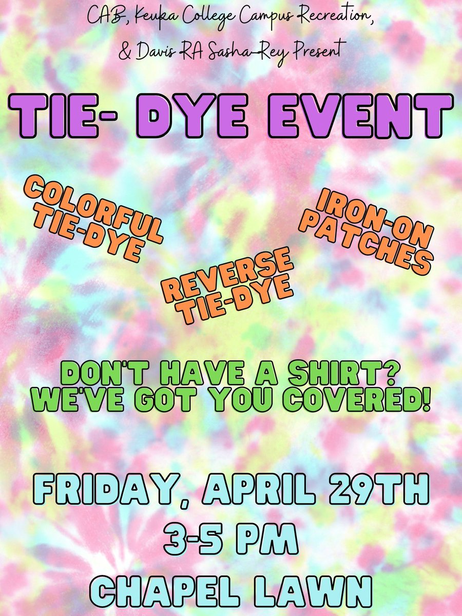 KeukaCAB's tweet photo. Join us this week for some fun events!! Tonight we have an Open CAB Meeting @ 8pm in the Hawkins Lounge! Learn about what we are going to be putting on for the rest of the semester 😊 

#cab #guyfieri #tiedye #keukacab #keukacollege #studentlife #lifeatkc #kcfamily #kcpartwolf https://t.co/hT4ijWntFg