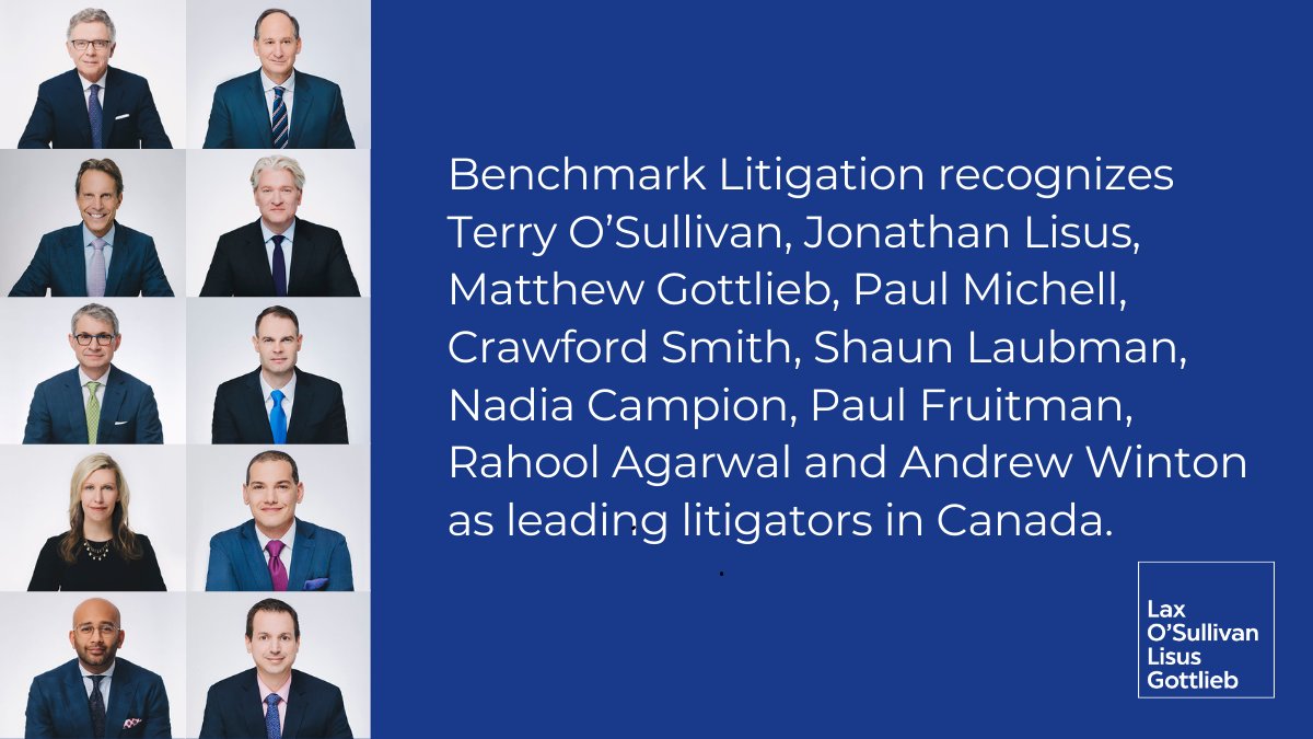 LaxOSullivan's tweet image. We are pleased to once again be listed as a “Highly Recommended Firm in Ontario” in the 2022 edition of @BenchLitigation Canada. Thank you for recognizing our lawyers as industry leaders in litigation. bit.ly/3MztuAi #LOLG #litigation #litigationstars