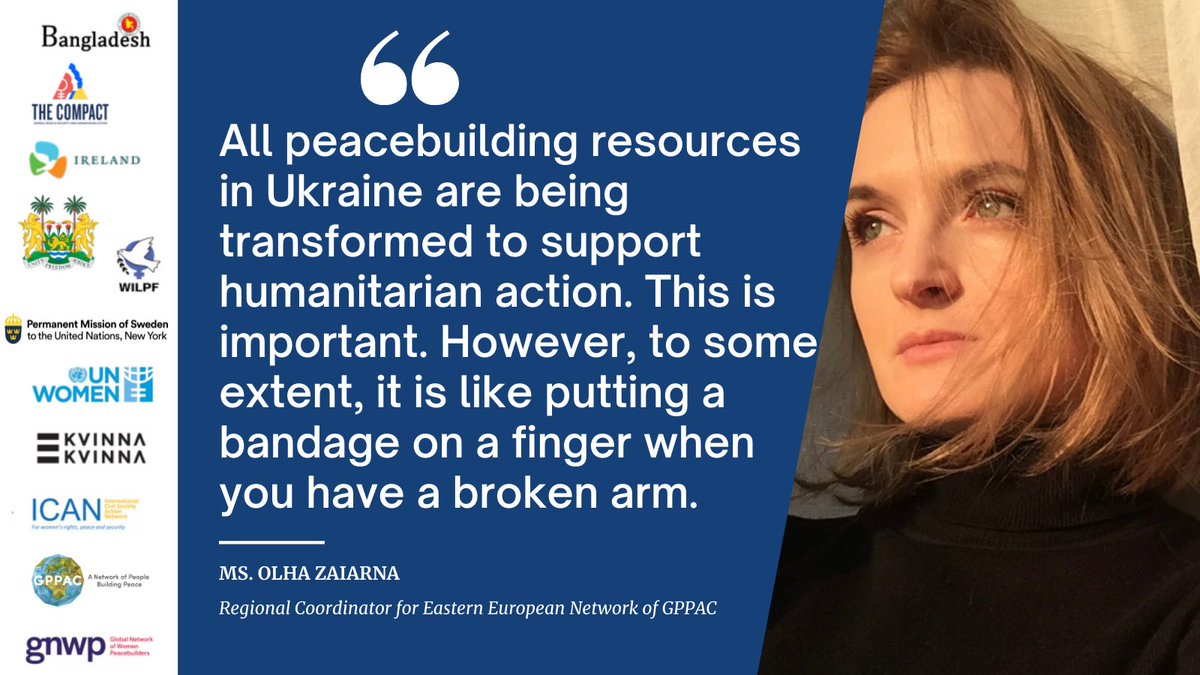 Olha Zaiarna of <a href="/GPPAC/">GPPAC Peacebuilders</a> calls upon donors to support #peacebuilding networks and coalitions because such groups are representative of broader society, facilitate long-term foundation for #peace, and encourage coordinated and sustainable #peacebuilding action on the ground.🕊