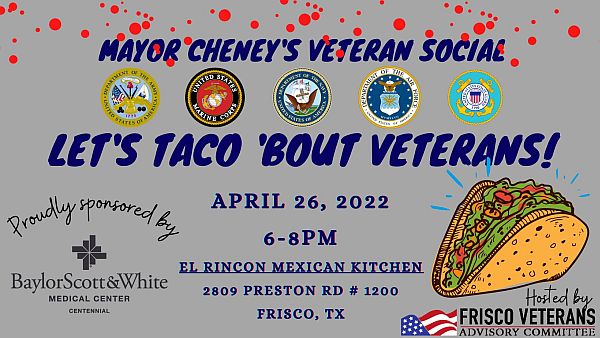 CollinCenter's tweet photo. 📢 IT'S TACO TUESDAY! 🌮

"Let's TACO 'BOUT Veterans", will be tonight at El Rincon Mexican Kitchen and Tequila Bar (Frisco) between 6-8 pm.
Come out and enjoy this free event! Veterans and their families are welcomed.

#FriscoVeterans #tacoaboutveterans #tacotuesday https://t.co/XlK2Ssm7wH