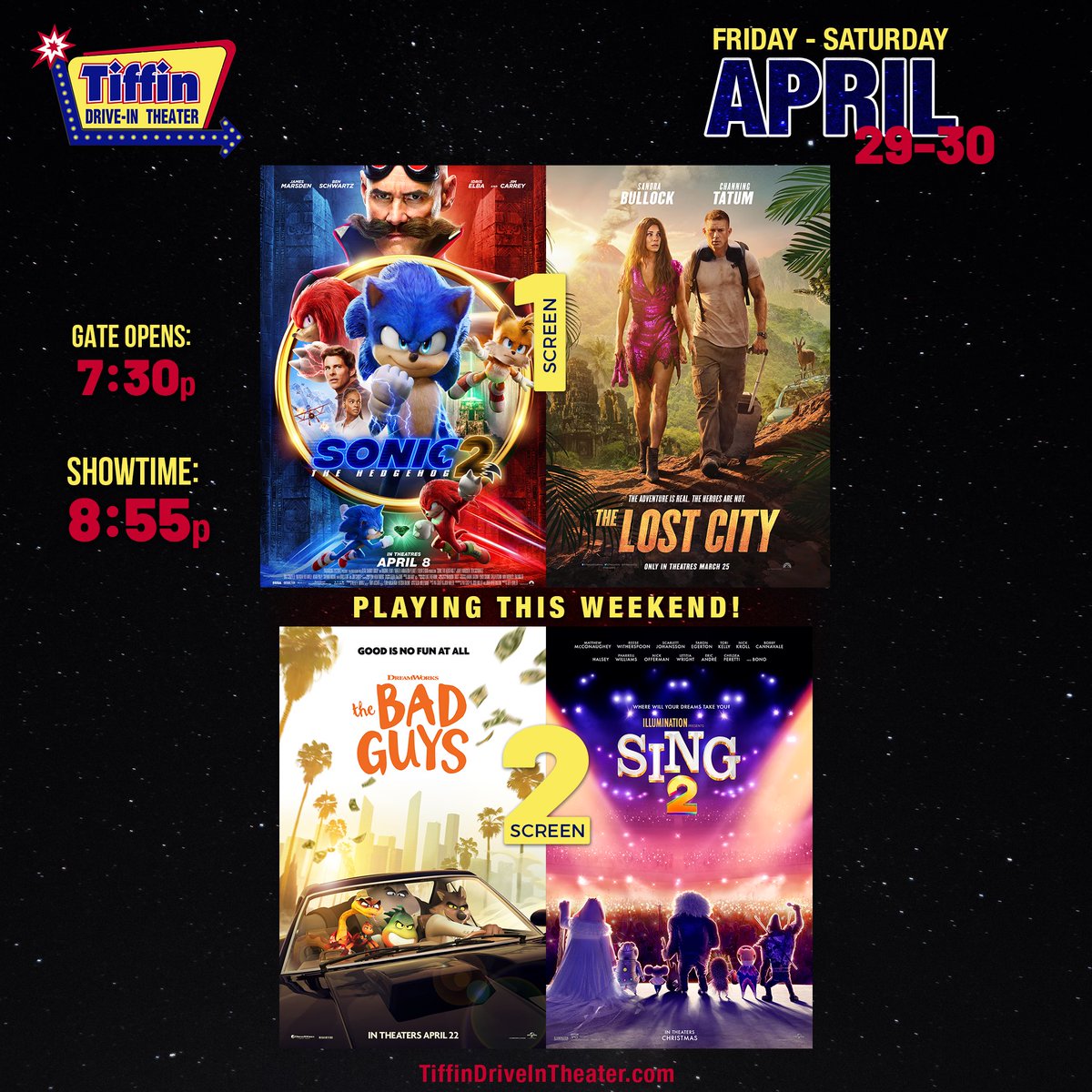 TiffinDriveIn's tweet photo. This week’s movies:
@SonicMovie w/ @LostCityMovie on screen 1;
@BadGuysMovie w/ @singmovie on screen 2.
Purchase tickets online:
https://t.co/Nm4sQs6hZG
#TiffinDriveIn #NowShowing #SonicMovie2 #TheLostCity #TheBadGuys #Sing2 #doublefeatures https://t.co/tE6sQ9wcsP