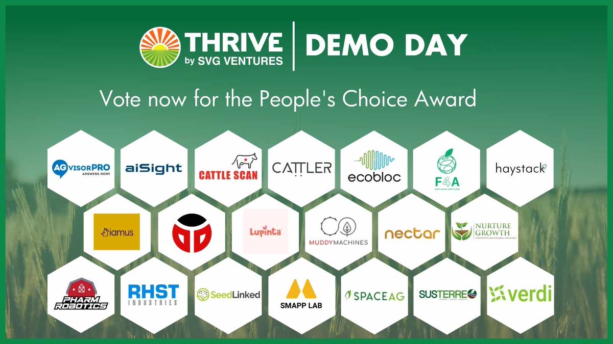 THRIVEAgriFood's tweet photo. Voting is now open for our THRIVE Demo Day People's Choice Award! Vote for your favourite company from our THRIVE VIII and THRIVE Canada Accelerator cohorts: https://t.co/VasBuRUbG7

Join us for Demo Day on June 1 to find out who takes home the prize: https://t.co/7w9brvkLFk https://t.co/nDBfoUc1Ls