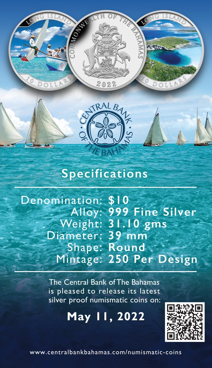 CentralbankBS1's tweet image. We are pleased to release our latest #numismatic #coins on 11-May-22. The #silverProof coins depict the  #regatta Dean's Blue Hole, honouring #LongIsland.

For a list of authorised dealers, visit
bit.ly/3fG2UrW

#islandsofTheBahamasSeries #deansBlueHole  #coinCollector