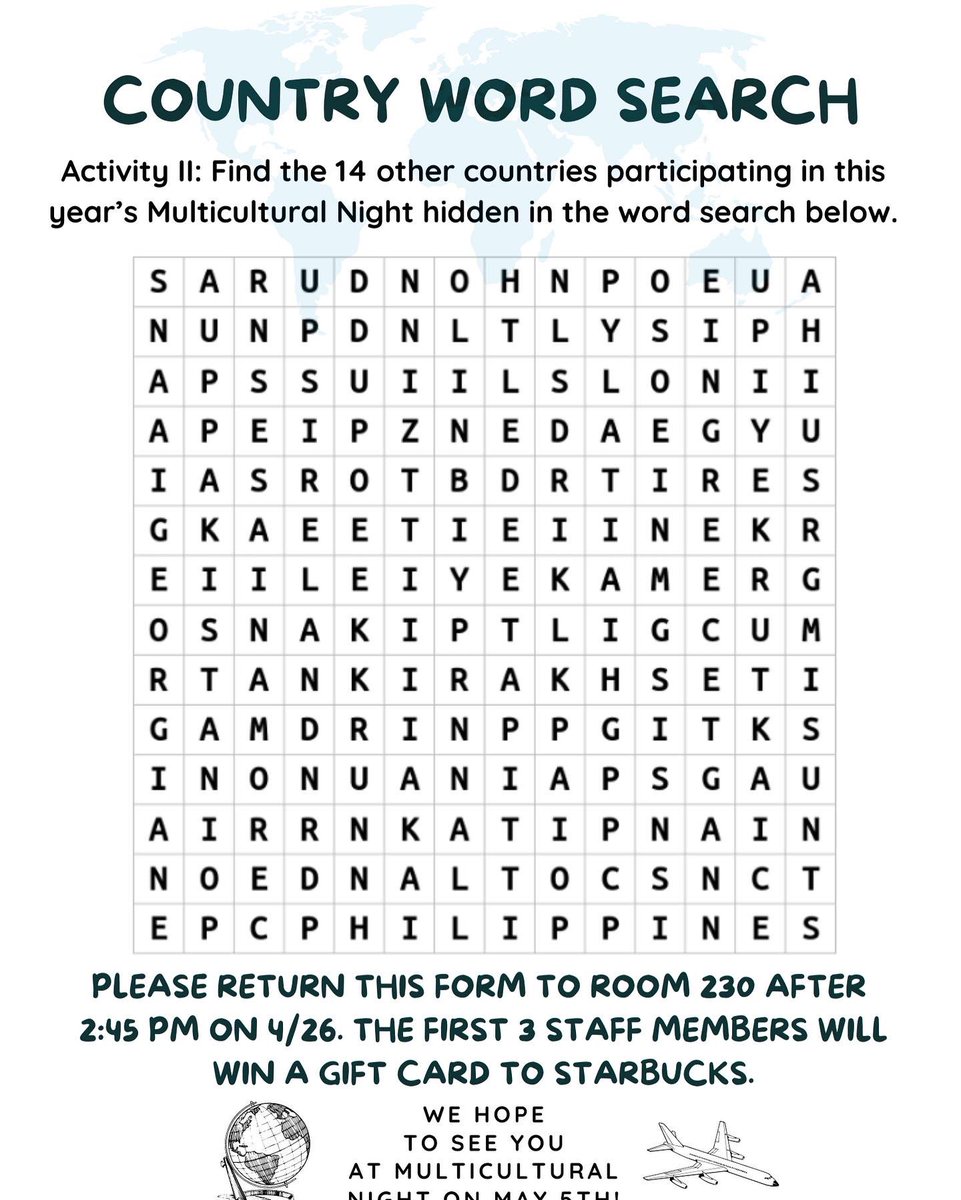 We are hosting #Multicultural Night after a 3 year hiatus! In order to get the students &amp; staff excited the event, we created a word search &amp; unscramble activity with the  27 🌎 countries participating in this year’s event. #worldlanguage #canva