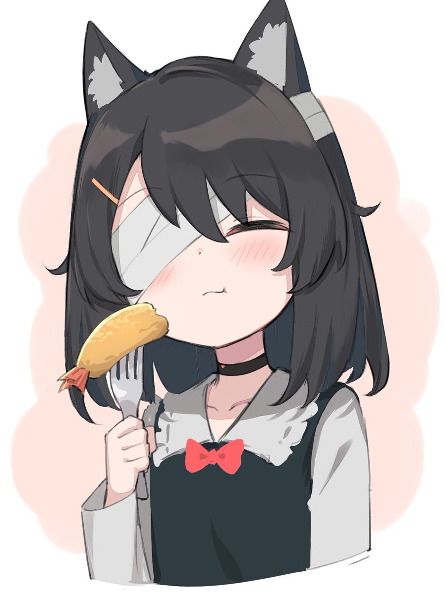 1girl animal ears cat ears black hair food tempura fork  illustration images
