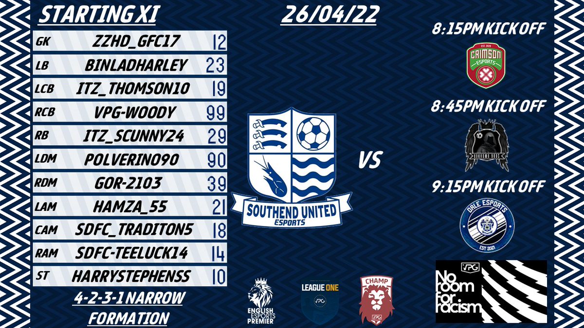 Southend United eSports (@southendesports) on Twitter photo <a href="/SouthendeSports/">Southend United eSports</a> MATCHDAY 2
VS <a href="/CrimsonEs2020/">Crimson eSports</a> (8:15pm)
VS UnknownGods (8:45pm)
VS <a href="/DaleEsports/">Discontinued</a> (9:15pm)
HUGE POINTS NEEDED TONIGHT!!!!
2 MORE DEBUTANTES;
HARRYSTEPHENSS
VPG-WOODY
#Blues ๐ต๐ต <a href="/SouthendeSports/">Southend United eSports</a> MATCHDAY 2
VS <a href="/CrimsonEs2020/">Crimson eSports</a> (8:15pm)
VS UnknownGods (8:45pm)
VS <a href="/DaleEsports/">Discontinued</a> (9:15pm)
HUGE POINTS NEEDED TONIGHT!!!!
2 MORE DEBUTANTES;
HARRYSTEPHENSS
VPG-WOODY
#Blues ๐ต๐ต