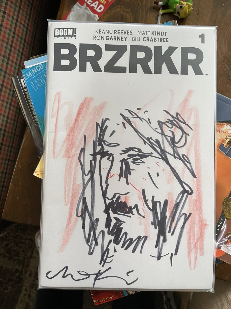 KaraLBaum's tweet photo. When you go to Planet Comic-Con and Matt Kindt @mattkindt does a “quick” sketch of Keanu Reeves on your blank #1 BRZRKR… Thanks again for your art! And thank you @CDennisMoore for being my #1. 
#planetcomicon #mattkindtbrzrkr #brzrkr #keanureeves https://t.co/I0eQXW55iX