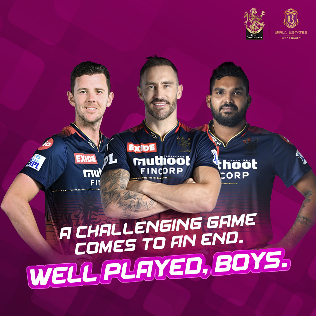 Birla_Estates's tweet photo. So close, yet so far. #TeamRCB played well but could not secure victory. It was a good game nonetheless. #CheerFromHome #PlayBold #WeAreChallengers #IPL2022 #BirlaEstates #RCBvsRR #RRvsRCB #LifeDesigned @RCBTweets https://t.co/Gjd8HwFgkr