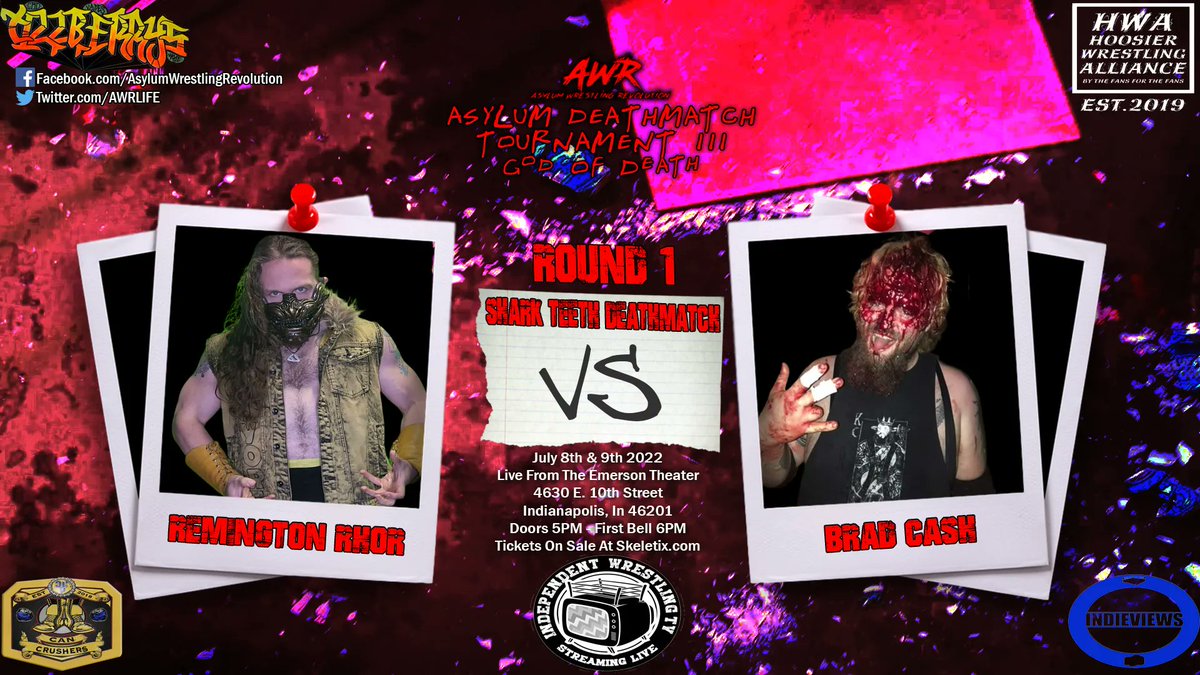 AWRLIFE's tweet photo. #AWR #ADT3 #GodOfDeath #July8thAnd9th #TheEmersonTheater #TillberryVape #HoosierWrestlingAlliance #CanCrushersWrestlingPodcast #IndieViews #RemingtonRhorVsBradCash #Round1 #SharkTeethDeathmatch https://t.co/Xksey62Wd5
