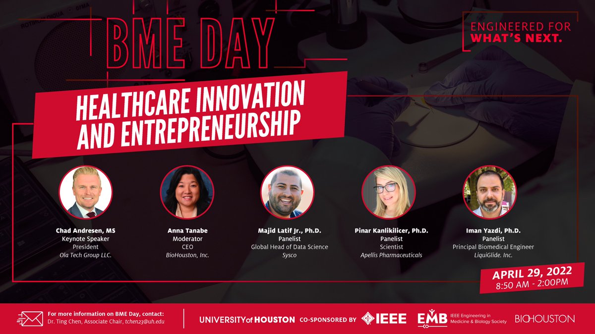makay58's tweet photo. The 9th Annual @UHBiomedEng  BME Day on Healthcare Innovations and Entrepreneurship  will be held on April 29, 2022, and aims to highlight and discuss the challenges and opportunities of the healthcare, translation and commercialization. The BME Day is co-sponsored by @IEEEembs https://t.co/BRmFFwRRyY