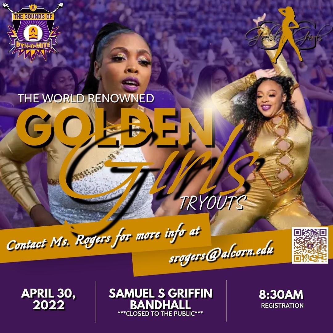 Alcorn_SOD's tweet photo. It’s time for tryouts. Ladies, here’s  your chance to be a part of either the World Renowned Golden Girls or the Illustrious Lady Purple Flashers. The CLOSED auditions are taking place this Saturday with registration beginning at 8:30am. Make preparations to be there!!!! https://t.co/Mu6NNhhhQu