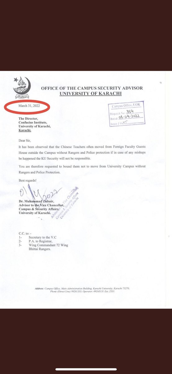 Athar_Joya's tweet photo. Security Advisor KU requested Foreign Ministry to restrict Chinese Faculty not move outside campus without security. Letter was written earlier 31 March , and clearly stated that KU Administration will not be responsible in case any mishap.
#3Chinese
#امپورٹڈ_حکومت_نامنظور https://t.co/1shvGOyePj